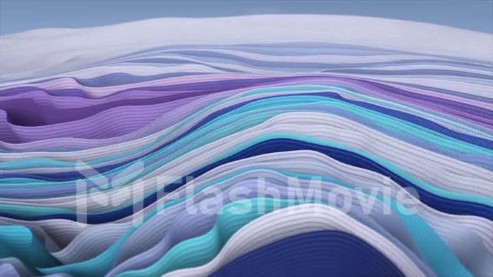 Multi-colored ribbons sway in wave-like movements. Fabric folds. Blue, white, purple, color. Slow motion. 3d animation