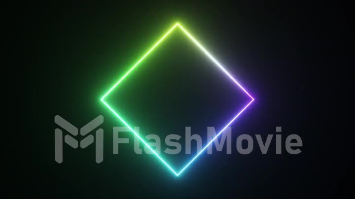 Abstract concept. Neon rhombus on a black background. Blue purple neon color. 3d animation of a seamless loop.