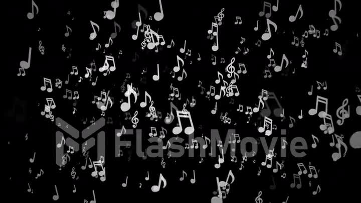 White musical notes move to the camera on a black background