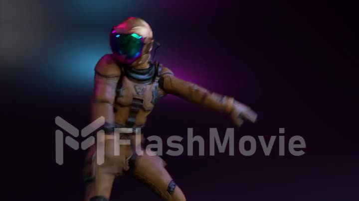 An astronaut in a spacesuit dances disco in a nightclub. Purple blue flashing neon light. 3d animation of seamless loop