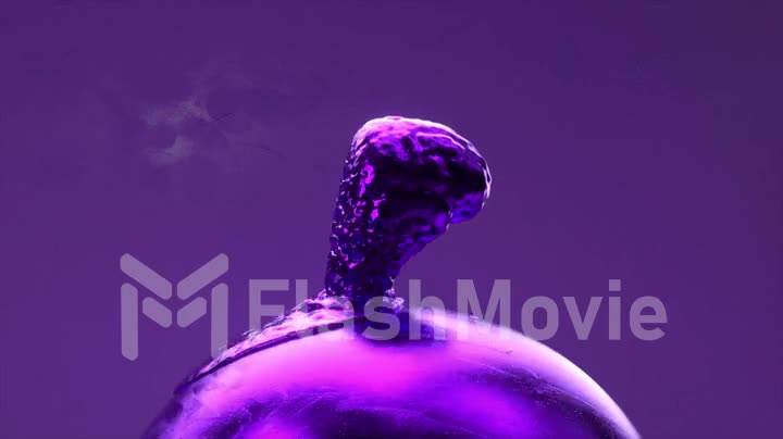 The metallic brain becomes liquid and spreads over a metallic rotating sphere. Blue violet neon color. 3d animation