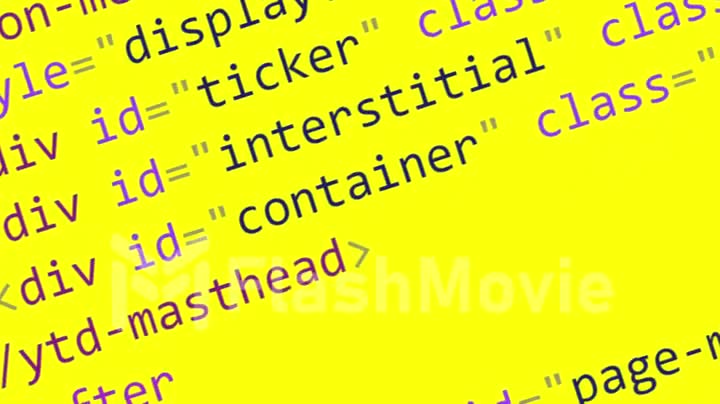 Scrolling HTML code on the computer screen on a yellow background