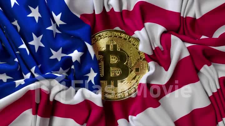 Cryptocurrency concept. The American flag shrinks around a bitcoin. Creases in fabric. USA. 3d animation