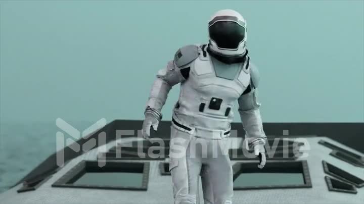 An astronaut is dancing on a boat in the middle of the ocean space. Space water ship. White suit. 3d animation.