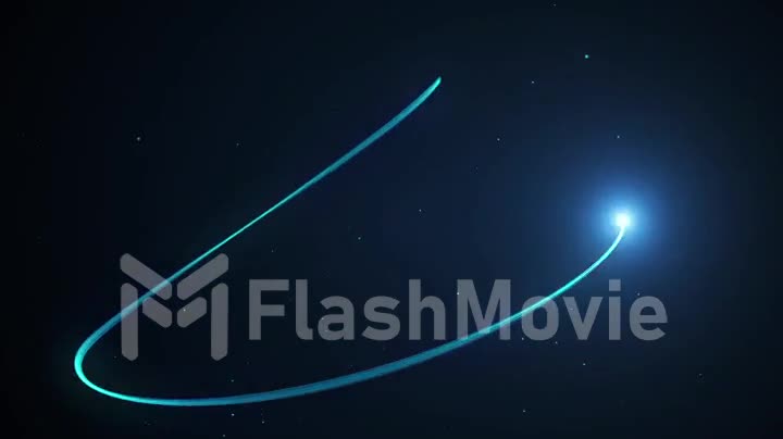 A blue light streak whips around a black background with light particles