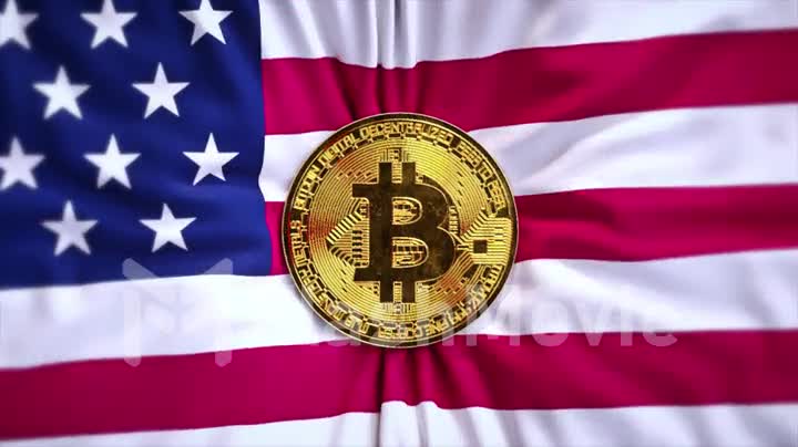 The American flag is unfurled and Bitcoin opens. Gold coin. Cryptocurrency. Mining. Wrinkled fabric. 3d animation
