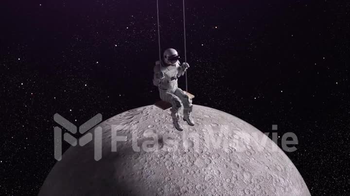 Astronaut swings on a rope swing in the open space. Moon below. Starry sky on background. 3d animation of seamless loop