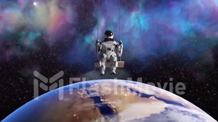 Astronaut swing on background of space. Earth below. Gravity. Surrealism. Starry sky. 3d animation of a seamless loop