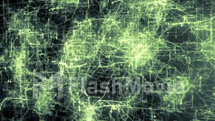 White lines drawn by bright spots eventually create an abstract image of a circuit board.