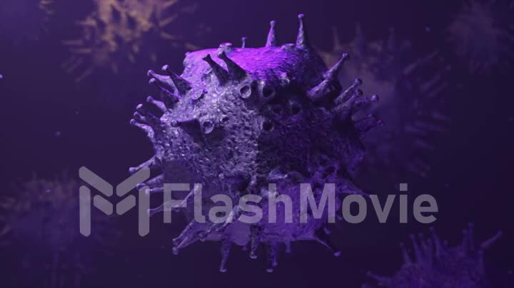 Influenza virus cell on purple background. Infectious diseases in humans. Infection. Bacteria. Flu. 3d animation