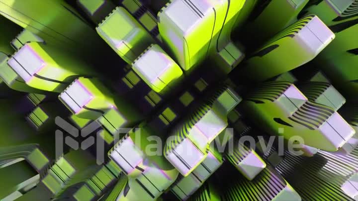 Top view of rectangular shapes. White green color. Close-up. Dark stripes appear on the pillars. Immersion. 3d animation