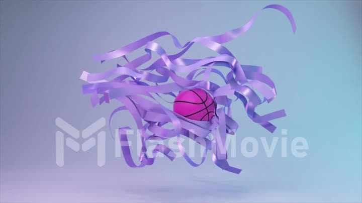 Sports concept. The violet basketball will go through the floating purple ribbons. Blue pink color. Abstract background