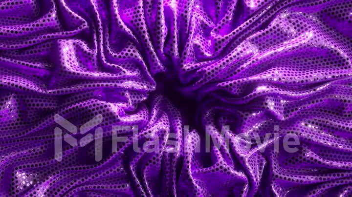 Cryptocurrency concept. The crumpled purple shiny fabric is straightened out and the bitcoin is opened. 3d animation