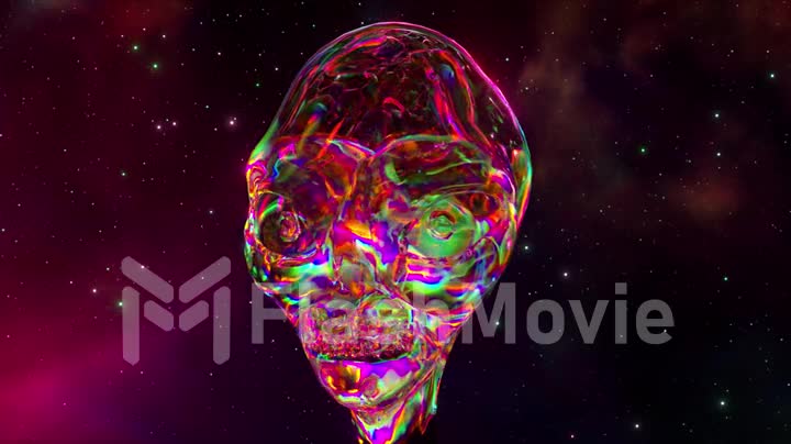 The diamond turns into the head of an alien. Space abstract background. Pink neon color. 3d animation of a seamless loop