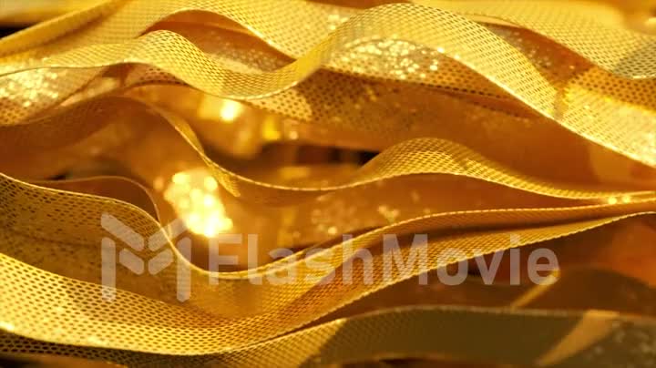 Shiny gold ribbons move quickly and slow down in space. Abstract background. Slow motion. 3d animation