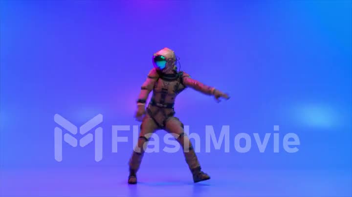 An astronaut in a space suit is dancing on a bright blue background. 3d animation of a seamless loop.