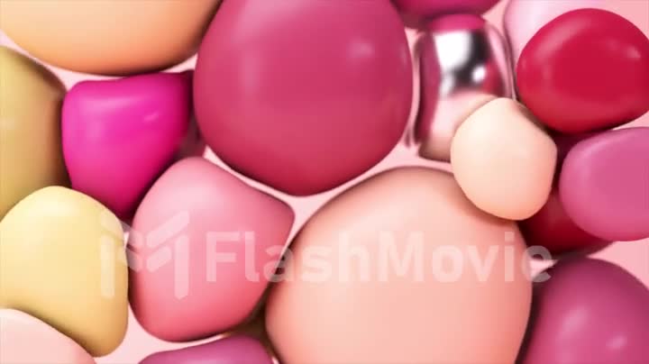 Abstract background with dynamic spheres. 3D rendering of soft pink, beige and metallic balls flying.