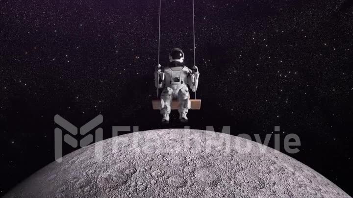 Space concept. A modern astronaut swings on a rope swing against the backdrop of the moon. 3d animation