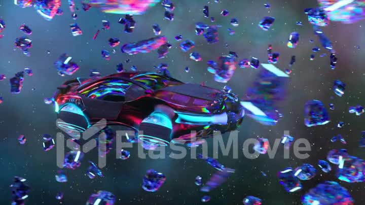 Flying diamond space vehicle flies through a cluster of diamond asteroids. Blue neon color. Sports car. 3d animation