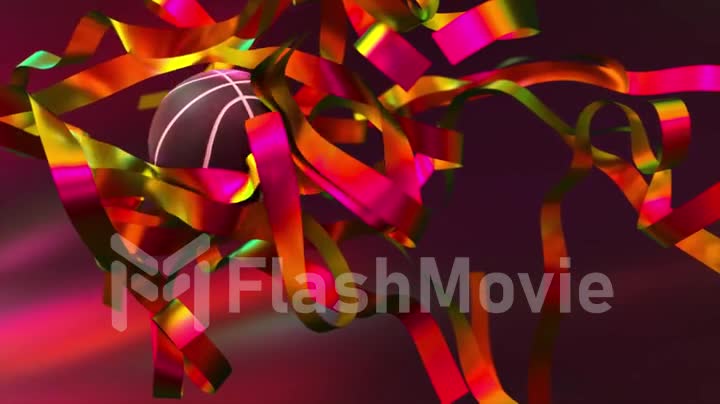 Cluster of red yellow neon ribbons. A purple basketball flies through the ribbons. Slow motion. Abstract background.
