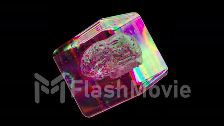 Diamond brain inside a transparent glass cube. Pink color. Rainbow. 3d animation of a seamless loop.