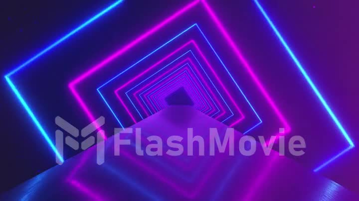 Flying through glowing rotating neon squares creating a tunnel