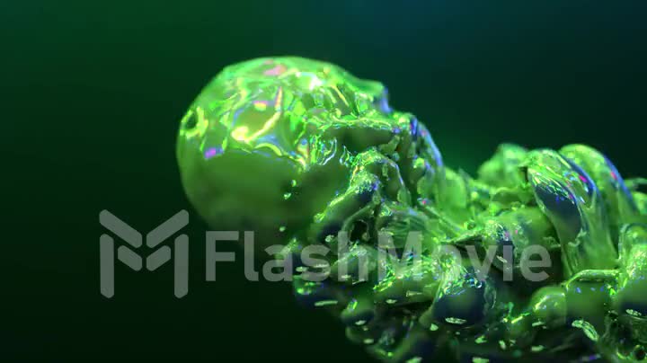 A ball of paint flies, leaving behind a trail of liquid colored waves and splashes. Green color. Abstract background