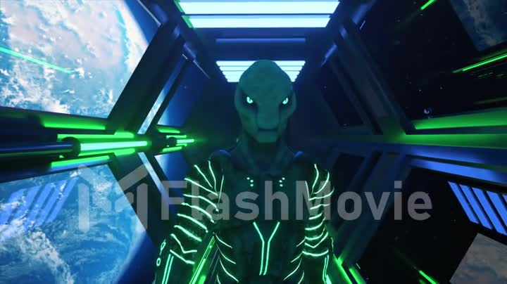 An alien walking on a spaceship close-up. Earth orbit. Neon clothes. Space suit. Neon illumination. 3d animation.