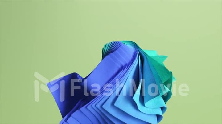 Fashion concept. A stack of flying square colored pieces of fabric rotating on isolated background. Blue, green drapery