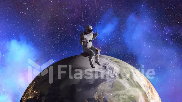 The astronaut swings on a swing against the backdrop of space and the planet Earth. 3d animation of seamless loop
