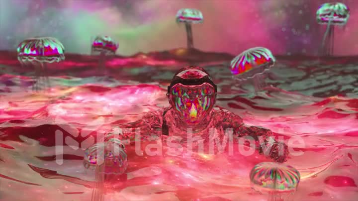 Diamond astronaut in ocean against the background of the starry sky. Diamond jellyfish fly. Red green neon color. Waves