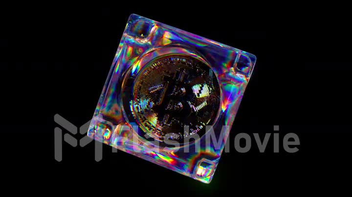 Cryptocurrency concept. Bitcoin inside a transparent glass cube. Black isolated background. Rainbow. 3d animation