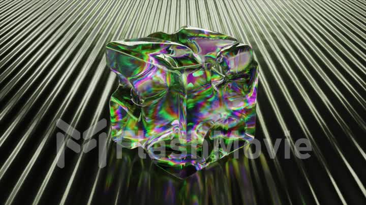 A transparent cube stands on a dark ribbed surface. Liquid diamond substance inside the cube moves and changes shape.