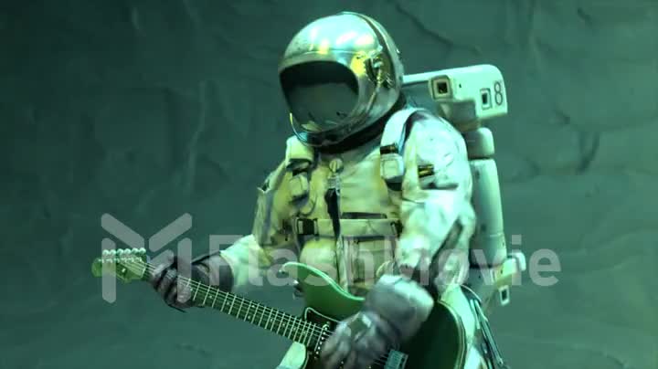 Space concept. Astronaut musician playing the guitar. Flashing neon green blue light. 3d animation of a seamless loop.