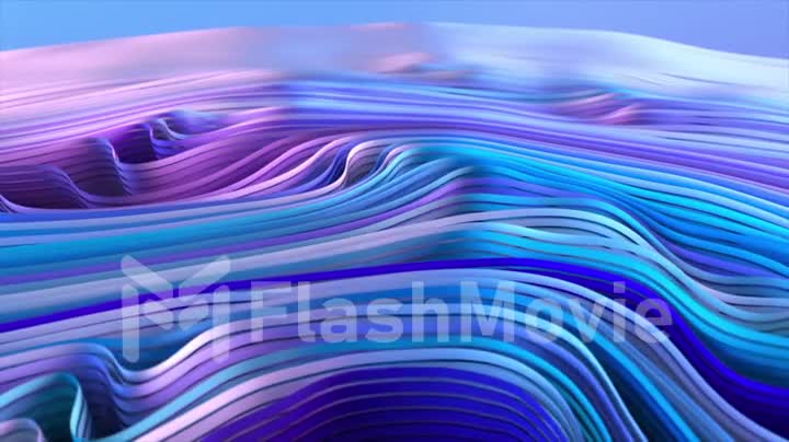 Waves of striped blue white fabric. Drapery. Living folds on the fabric move in waves. 3d animation