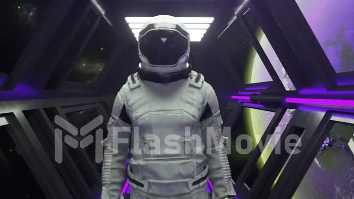 Technology and future concept. Astronaut walking in spaceship tunnel. Sci-fi shuttle corridor. Purple light. Moon