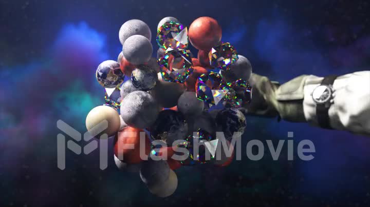 3D visualization of space objects grouped together under the force of gravity. Planets. The astronaut's hand separates