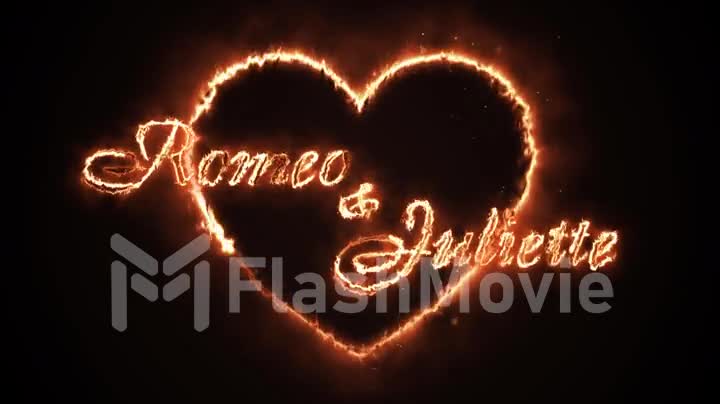 A burning heart with the text ""Romeo and Juliette"". Seamless loop animation