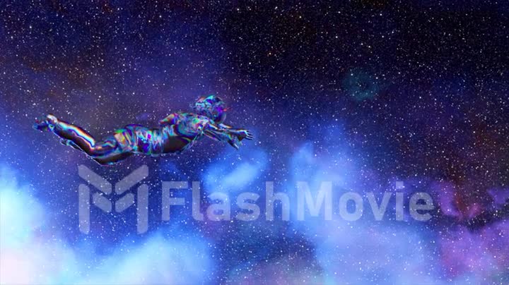 Diamond astronaut floats through the boundless space. Clouds on the background of the starry sky. 3d animation
