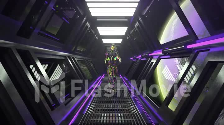 Space concept. An alien in a neon shiny suit is walking through the tunnel in a spaceship. View on the planet Earth.