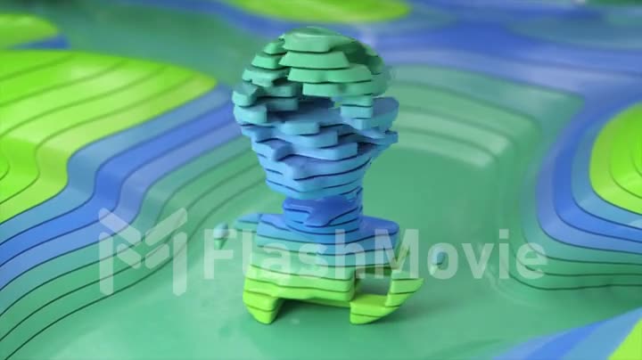 AI concept. Robot head with artificial intelligence. Rotating parts. Blue green plastic head pieces. Close-up.