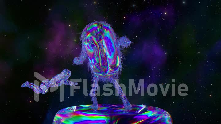 Hairy diamond capsule dances on a platform against the backdrop of space. A diamond astronaut floats. Blue neon color.