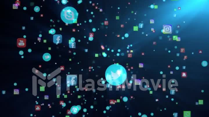 Seamless loop editorial animation on a black background. Flying banners of the most popular social media in the world, such as facebook, instagram, youtube, skype, twitter and others.