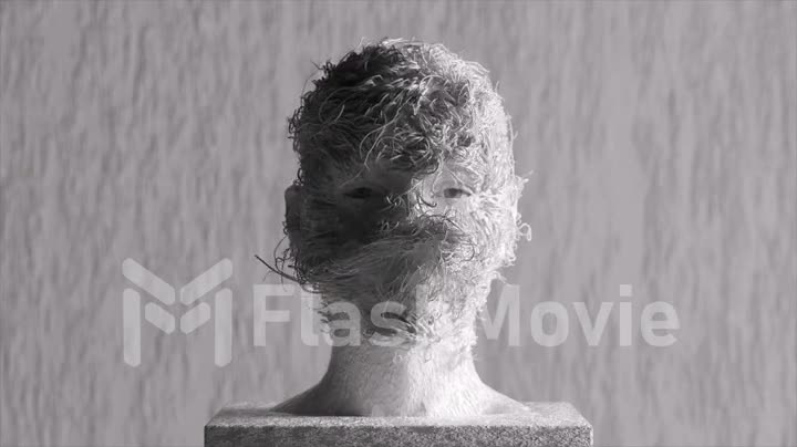 Antique concept. White plaster bust comes to life and turns its head, blinks and opens its mouth, white tangled threads