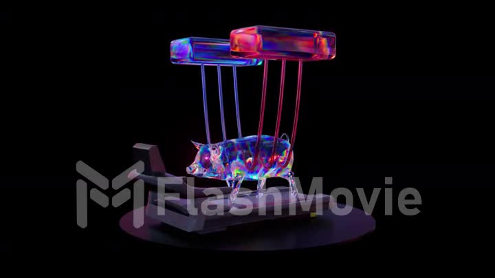 Abstract concept. The Diamond Pig is connected to the apparatus upstairs. Exercise on a treadmill. Sport. 3d animation