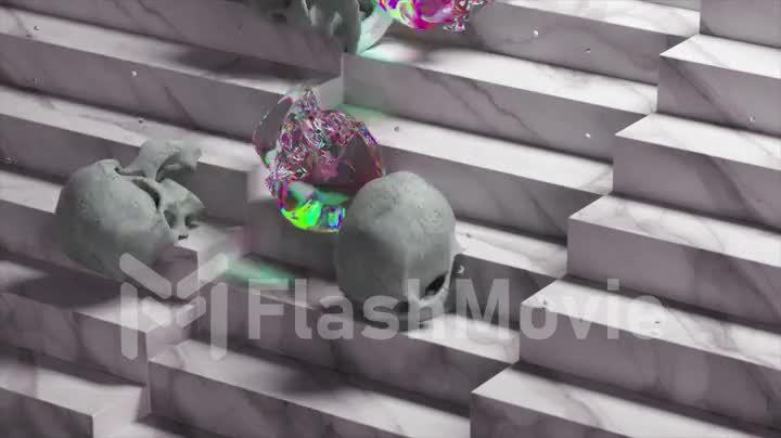 Abstract concept. Small diamonds fall like snow. Diamond and bone skulls roll down the marble stairs. 3d animation