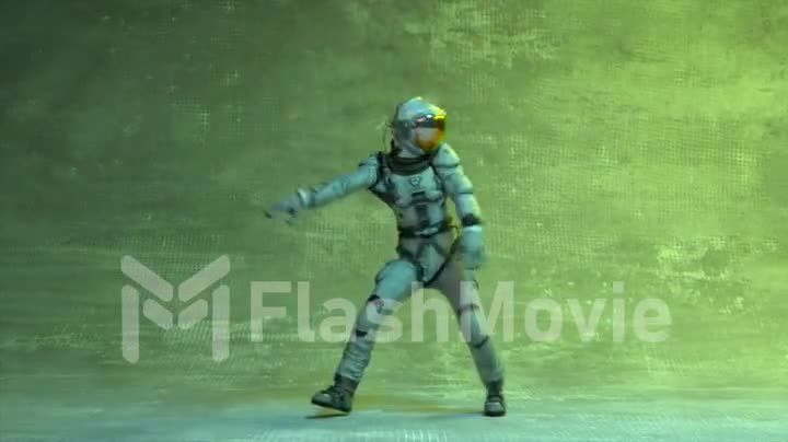 Dance concept. An astronaut in a large mirrored helmet dances in a nightclub. Neon light. 3d animation of seamless loop