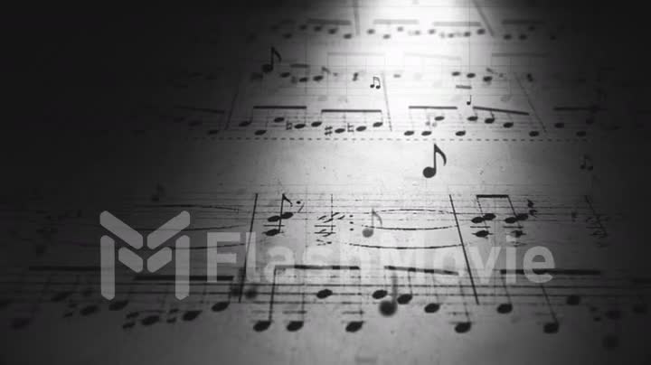 Atmospheric music background with notes on old paper in black and white