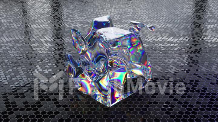 Abstract concept. Transparent rainbow substance takes the form of a cube. Neon light. Glossy floor tiles. 3d animation