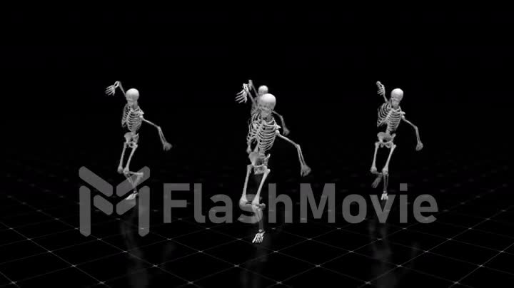 Three dancing skeletons on an isolated black background